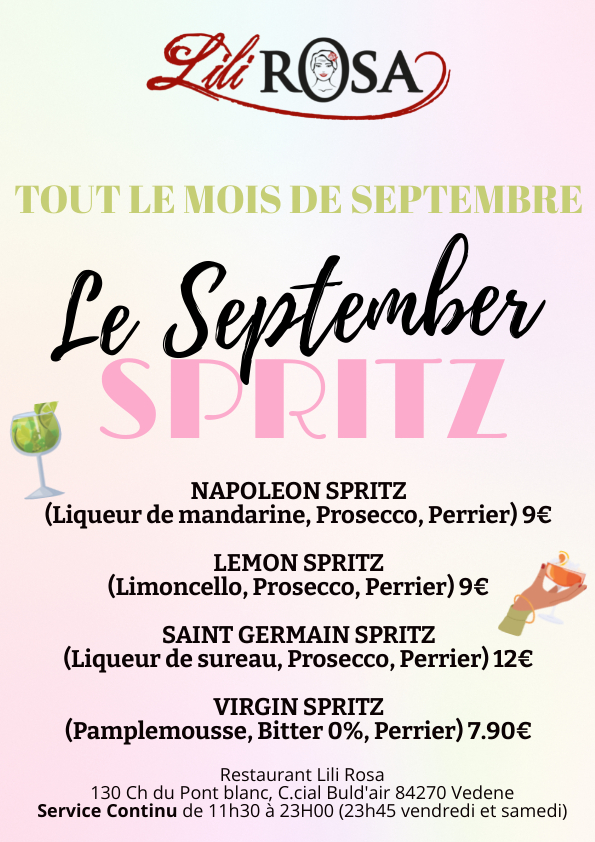 September Spritz dans votre restaurant Lili Rosa à Avignon Nord Zone Buld'Air